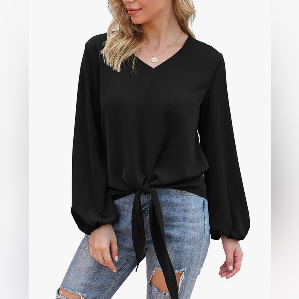 NWT VIISHOW Womens Tie Front Knot Lartern sleeve Loose Fit V Neck